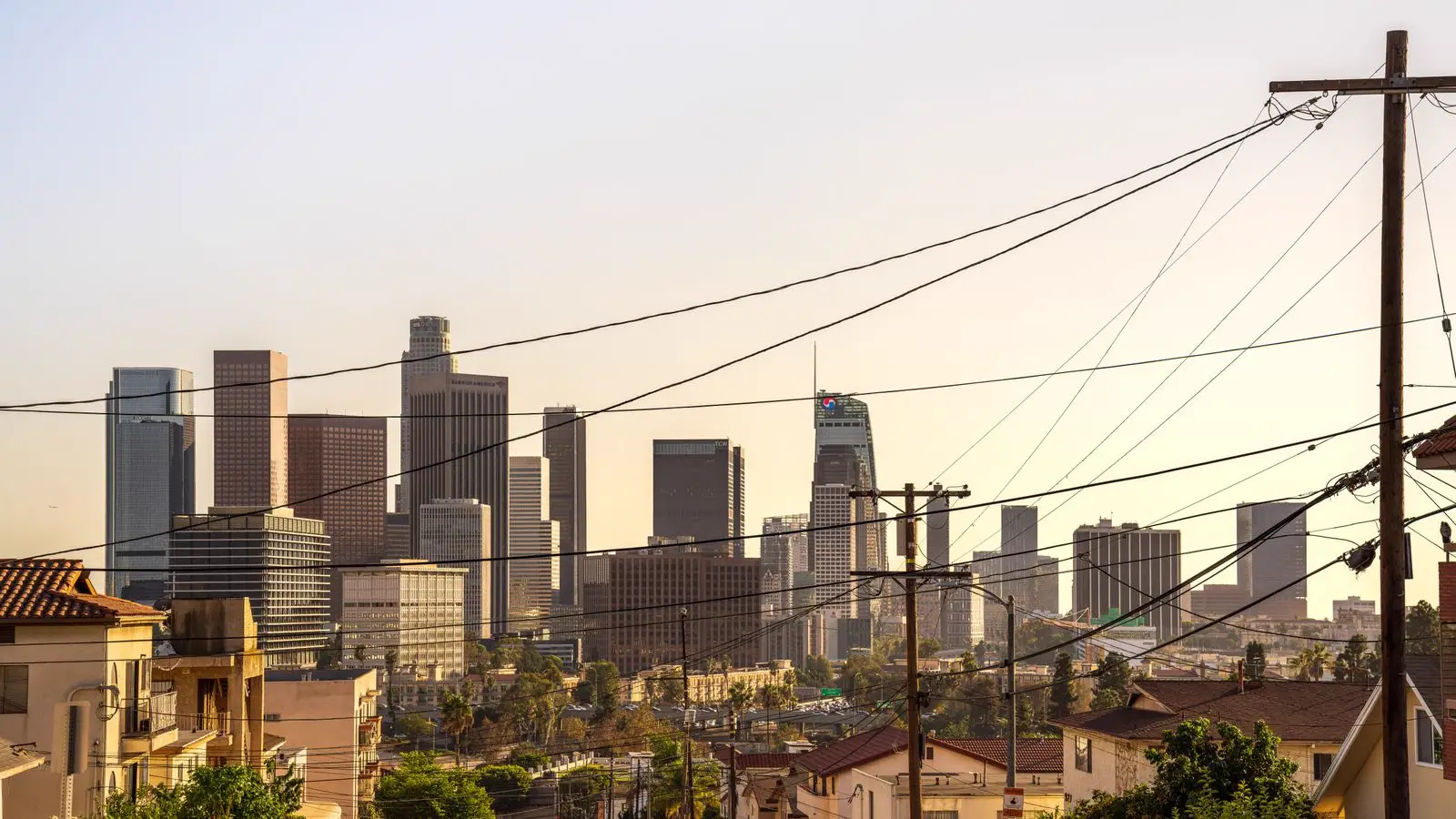 The downtown Los Angeles skyline at sunset