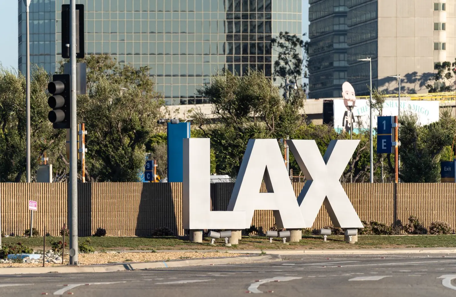 The LAX sign at Los Angeles International Airport on a sunny day